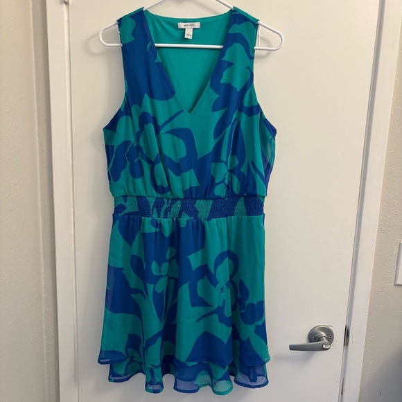NINE WEST Dress Blue & Green Tropical V-Neck Lined Sleeveless Flirty Summer Sz L - Picture 2 of 8